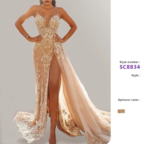 Elegant Spaghetti Strap V-Neck Sequin Lace Maxi Dress High Slit Backless Mesh Formal Evening Party Long Gown Women Clothing