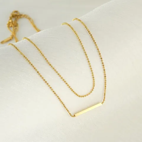 Double Layered Necklace Stainless Steel 18K Gold Plated Polished Long Bar Pendant Bead Chain Minimalist Fashion For Women