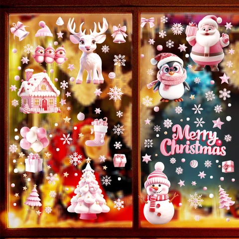Christmas Window Clings Pink Santa Reindeer Snowflakes 3D Effect Static Adsorption PVC Reusable Festive Glass Decals Decor
