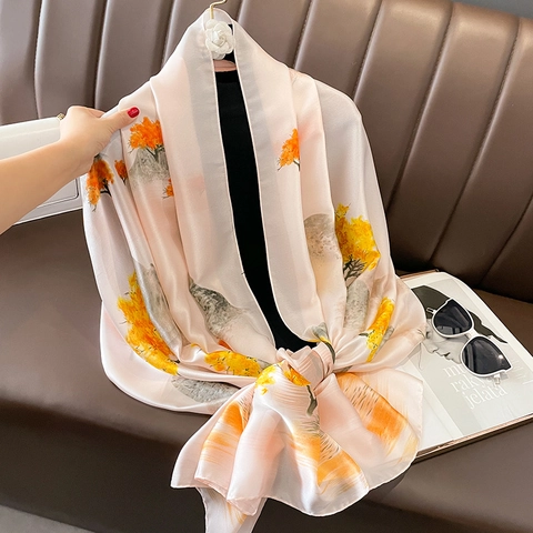 Elegante Sciarpa Da Donna In Simil Raso Grande Scialle Protezione Solare Stampa Paesaggio Albero Avvolge Moda Leggeri