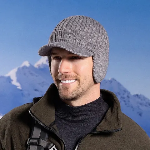 Men Winter Knitted Baseball Cap Acrylic Fleece Lined Warm Thick Windproof Outdoor Sports Hat With Visor And Ear Flaps
