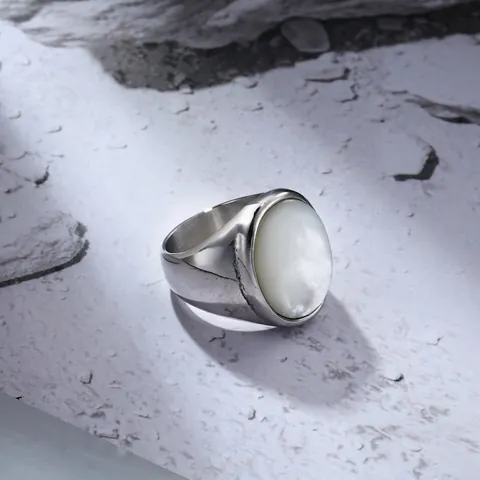 Stainless Steel Mother Of Artificial Pearl Shell Ring Oval Wide Band Signet Fashion Jewelry For Women Men