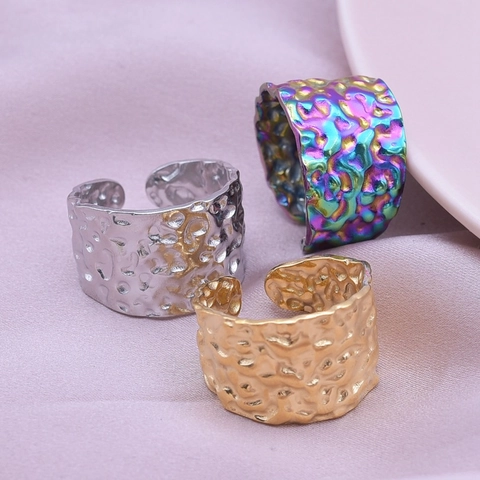 Hammered Texture Wide Band Adjustable Open Ring 304 Stainless Steel Minimalist Geometric Lava Style For Women Men