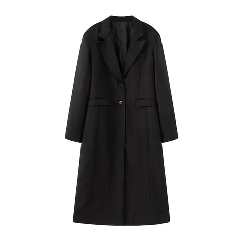 Women Elegant Slim Fit Long Trench Coat Polyester Lapel Single Breasted Solid Color Office Wear Outerwear