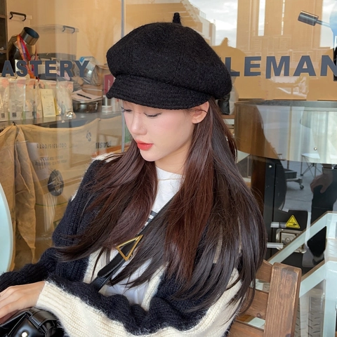Women Newsboy Cap Solid Color Knitted Octagonal Hat Retro Japanese Style Short Brim Warm Winter Peaked Painter Cap