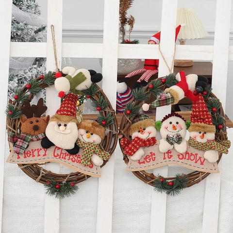 Christmas Wreath Garland Rattan Vine Plush Santa Snowman Reindeer Doll Hanging Decor Wall Door Window Holiday Festive