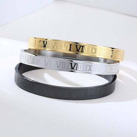 Stainless Steel Bangle Bracelet Roman Numeral Engraved Hinged Jewelry Gift For Men Women High Polished Fashion Accessory