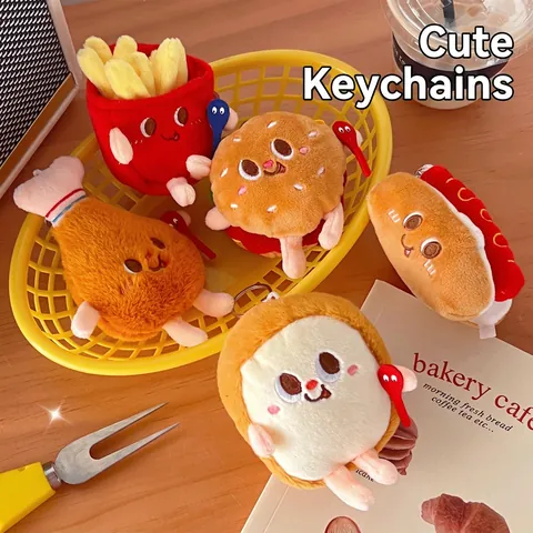 Llavero De Peluche Kawaii Con Forma De Comida Hamburguesa Papas Fritas Pan Tostado Colgante Animal Bolso Gancho Metal