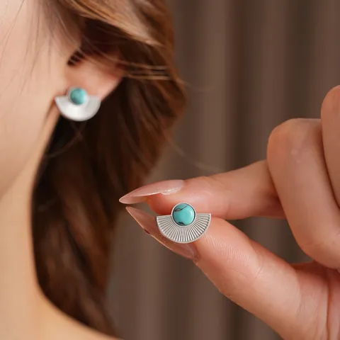 Vintage Fan Shaped Stud Earrings With Synthetic Turquoise And Silver Earring Post For Women Bohemian Style Jewelry