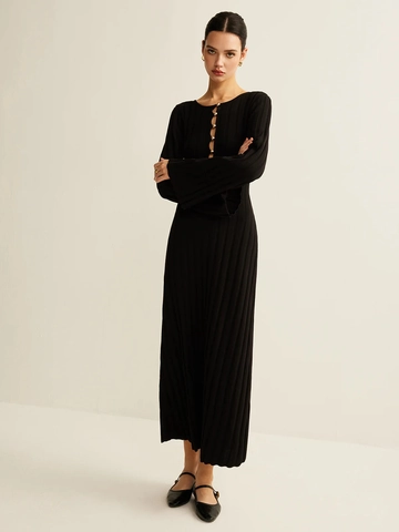 Gebreide Maxi Jurk Geribbeld Lange Uitlopende Mouwen Knoop Uitsparing Slim Fit Elegant Kantoor Herfst Winter Voor Dames