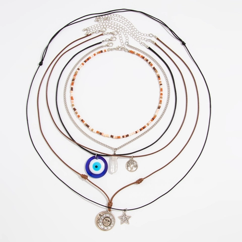Collana Multistrato Boho Lega Perline Cordino Pelle Malocchio Albero Della Vita Sole Luna Stella Cristallo Gioielli Etnici Vintage Donna