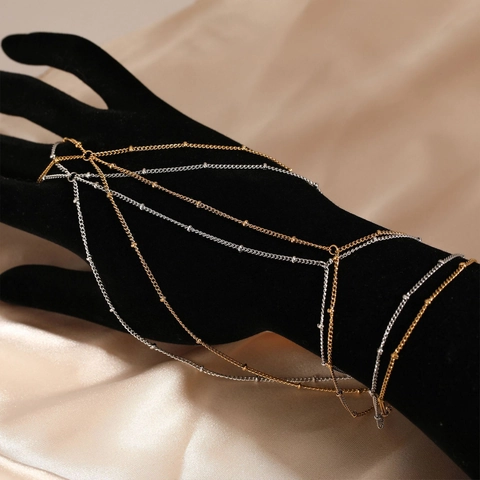 Stainless Steel Hand Chain Slave Bracelet For Women PVD Gold Plated Beaded Multi Layer Hypoallergenic Waterproof Jewelry