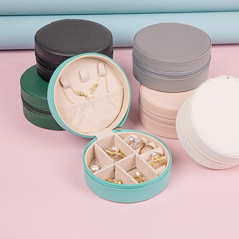 Portable Round Jewelry Box PU Leather Travel Mini Storage Organizer For Rings Earrings Necklaces Zippered Case