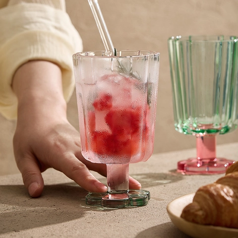 Calice In Vetro Rigato Con Base A Fiore Bicchiere In Cristallo Retrò Con Cannuccia In Vetro Per Bevande Fredde Succo Vino Cocktail