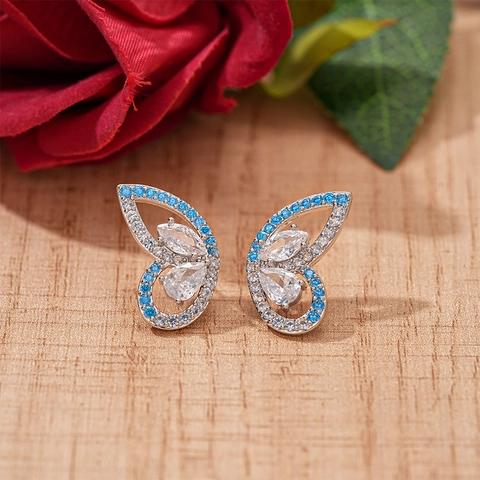 Orecchini A Lobo Farfalla Con Perno In Argento Rame Intarsiato Di Zircone Gioielli Da Donna Elegante Lucido Blu Chiaro