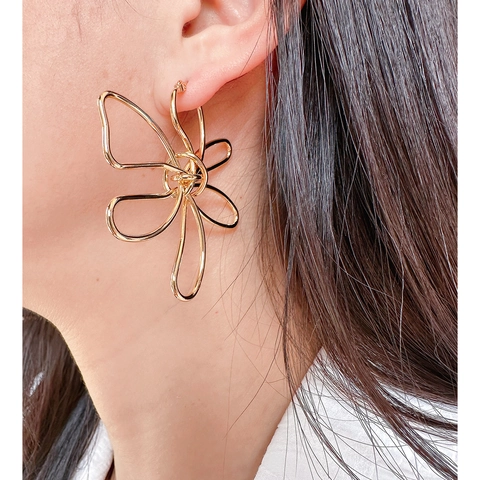 Orecchini a Bottone a Forma di Farfalla e Fiore in Ottone Cavo Astratti Minimalisti Grandi Fili Metallici Donna Gioielli