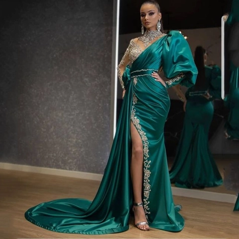 Emerald Green Satin Evening Gown Asymmetrical One Shoulder Sequined High Slit Long Train Formal Prom Party Dress