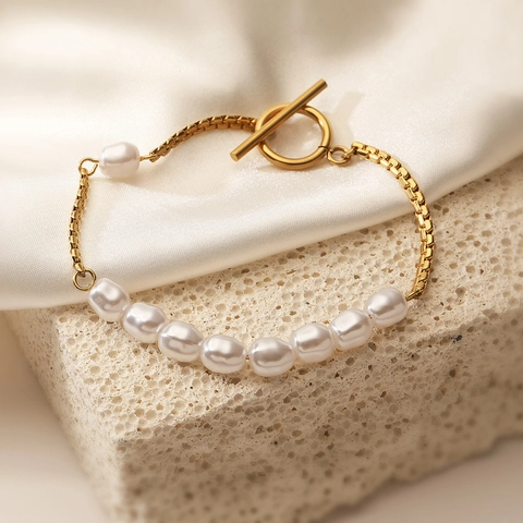Bracciale In Acciaio Inossidabile Placcato Oro 18K Con Perle Artificiali Patchwork Per Donna Elegante Bracciale A Catena Con Fibbia OT