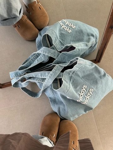 Denim Tote Bag Embroidered Letter Vintage Large Capacity Shoulder Handbag For Women Student Casual Shopping