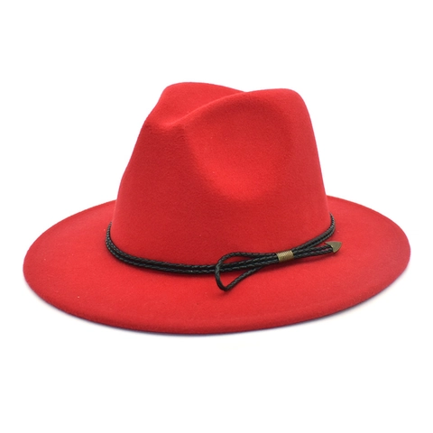 Wide Brim Fedora Hat Woolen Felt Jazz Cap Vintage Solid Color With Braided Belt And Metal Tip For Women Men