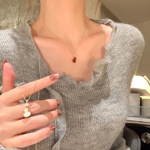 Gourd Pendant Necklace Gold Plated Copper Alloy With Red Agate White Mother Of Artificial Pearl Zircon Minimalist Elegant For Women