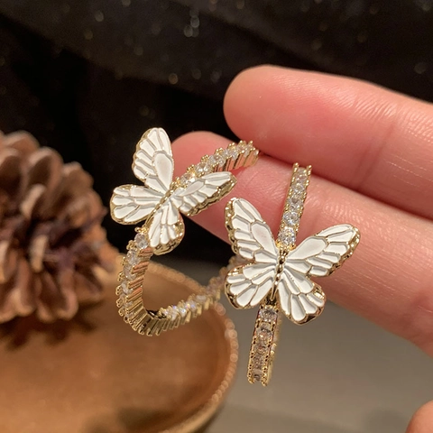 Schmetterling Creolen Kupfer Mit Zirkonia Weißer Emaille Vergoldet Elegant Mode Für Frauen