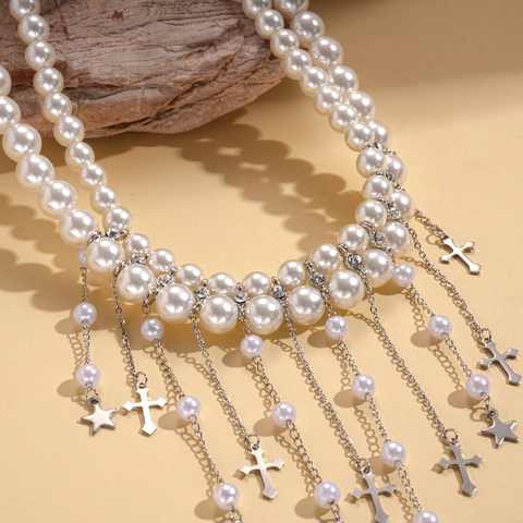 Collana Di Künstliche Perle A Doppio Strato Con Pendenti Stella Croce Lega Nappa Gioielli Retro Eleganti Da Donna