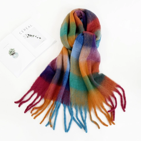 Damen Verdickter Mohair Schal Weich Karo Farblock Spleißen Warmer Winter Schultertuch Mit Langen Quasten Mode Accessoire