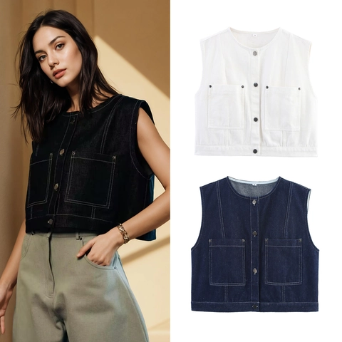 Gilet Di Jeans Donna Senza Maniche Girocollo Giacca Corta Bottone Rivetto Casual Streetwear Tasche