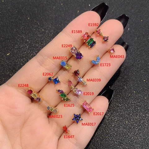 Delicate Multi Colored Zircon Stud Earrings For Women Girls Trendy Brass Star Leaf Geometric Shaped Ear Piercing Jewelry