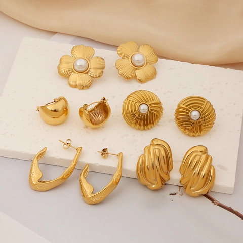 Pendientes Geométricos Irregulares De Acero Inoxidable Para Mujer Pendientes De Botón De Perla Artificial Flor Chapados En Oro Vintage Joyería