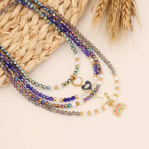 Crystal Beaded Necklace Heart Butterfly Evil Eye Pendant Fashion Jewelry For Women Stainless Steel Copper Rainbow Charm