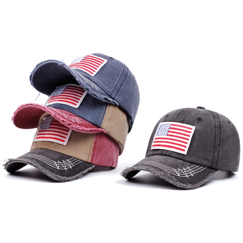 Casquette De Baseball En Coton Lavé Avec Patch Brodé Drapeau Américain Détails Usés Protection Solaire Style Vintage Ajustable