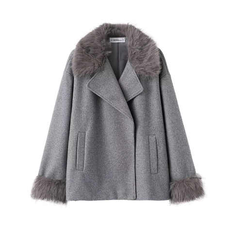 Women Grey Woolen Coat With Faux Fur Collar And Cuffs Short Jacket Solid Color Elegant Warm Autumn Winter Outerwear