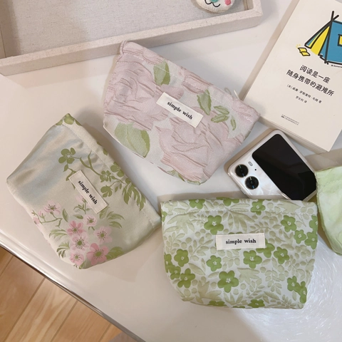 Jacquard Floral Pouch Mini Canvas Fabric Bag Zipper Closure Cosmetic Lipstick Storage Small Organizer For Women Sweet Fresh Style
