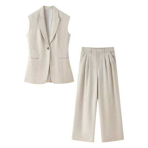 Beige Mouwloos Vest En Wijde Pijpen Broek Forenzenstijl Geweven Polyester Elegant Europees Dames Outfit