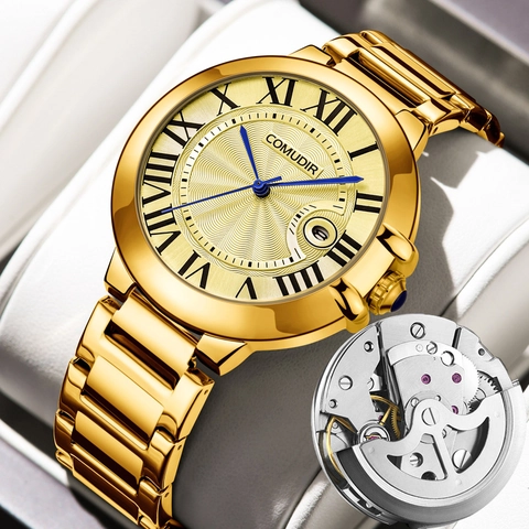 Business Men Watch Waterproof Luminous Calendar Blue Hands Roman Numerals Alloy Case Stainless Steel Strap Luxury Fashion
