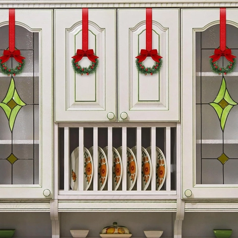 Mini Corona Di Natale Appesa Con Fiocco A Nastro Lungo Bacche Rosse Pino Artificiale Per Decorazione Mobili Da Cucina