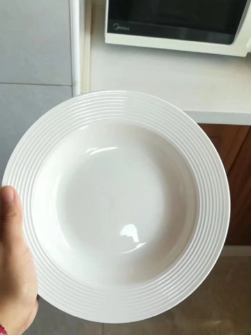 Ceramic Dinner Plate Ribbed Rim White Circular Deep Soup Dish For Pasta Western Cuisine Minimalist Style Household