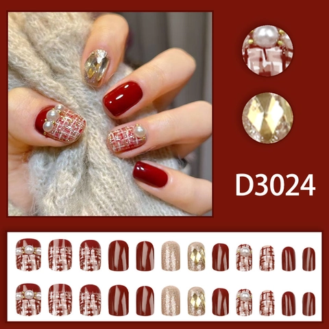 Press On Nails Red Tweed Pattern With Artificial Pearls Rhinestones Elegant Square Round Short Fake Nails For Women