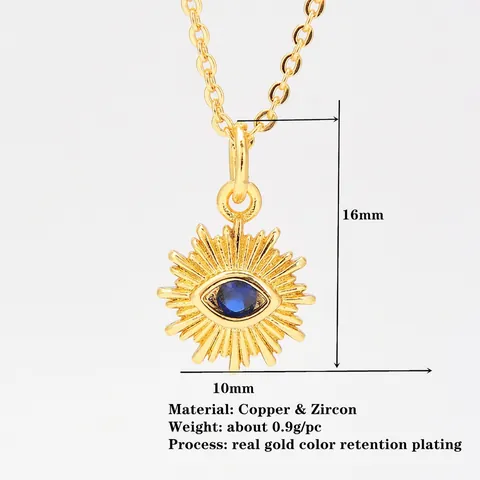 Gold Plated Copper Sun Evil Eye Pendant Necklace For Women Micro Inlaid Zirconia Geometric Round Amulet Fashion Jewelry
