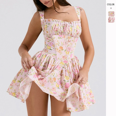 Florale Mini-Jurk Spaghettibandjes Vierkante Hals Rugloos Corset Taille Polyester Frans Vintage Balletcore Dames Sexy