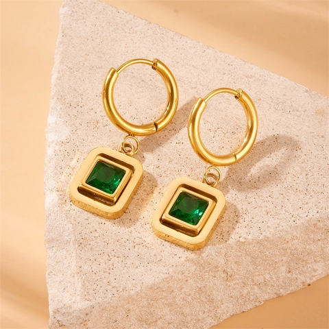 Vintage Stainless Steel Drop Hoop Earrings With Square Emerald Green Gemstone Gold Plated Geometric Jewelry For Women