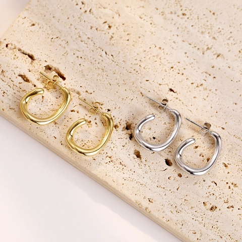 Irregular C Shaped Hoop Stud Earrings Titanium Steel Vacuum Plated High Polished Minimalist Fashion Jewelry For Women