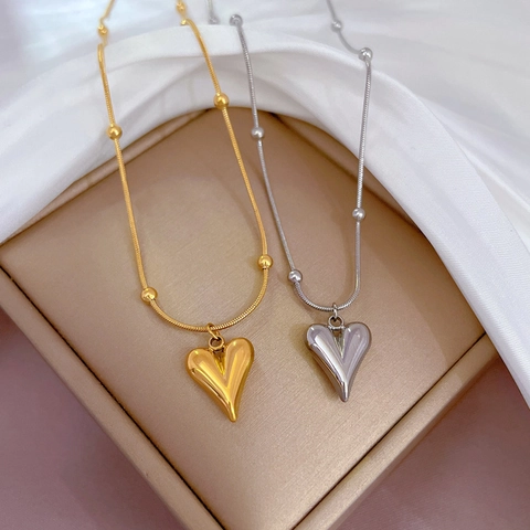 Herz Anhänger Halskette Titanstahl Vergoldet Spiegelpoliert Perlen Schlange Kette Eleganter Schmuck Für Damen