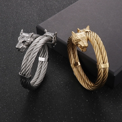 Wolf Head Cuff Bracelet Stainless Steel Cable Wire Viking Punk Rock Gothic Bangle For Men Adjustable Jewelry