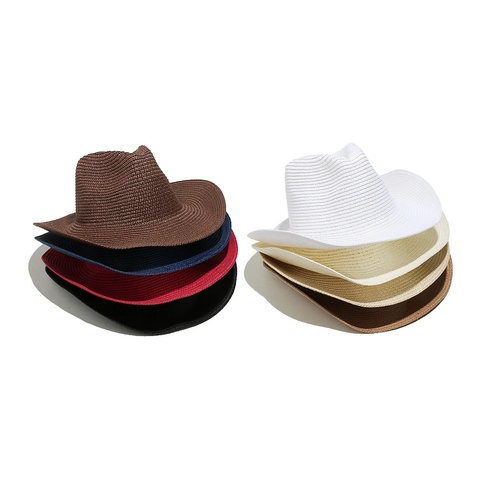 Unisex Solid Color Paper Straw Panama Fedora Hat Wide Brim Sun Protection Summer Beach Western Cowboy Jazz Hat