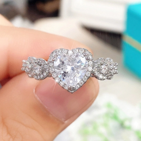 Heart Shaped Ring Women Copper Cubic Zirconia Halo Setting Proposal Wedding Anniversary Gift Fashion Jewelry Silver Color