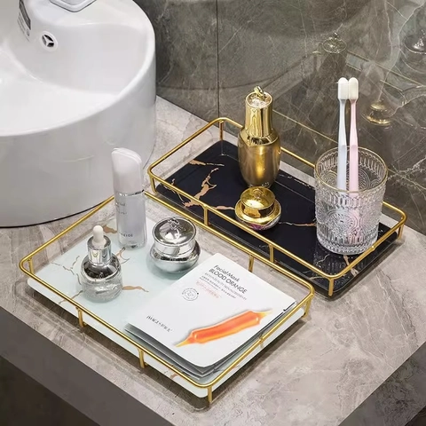 Luxury Vanity Tray Marble Texture Metal Frame Gold Finish Bathroom Countertop Organizer Makeup Storage Rack Decorative