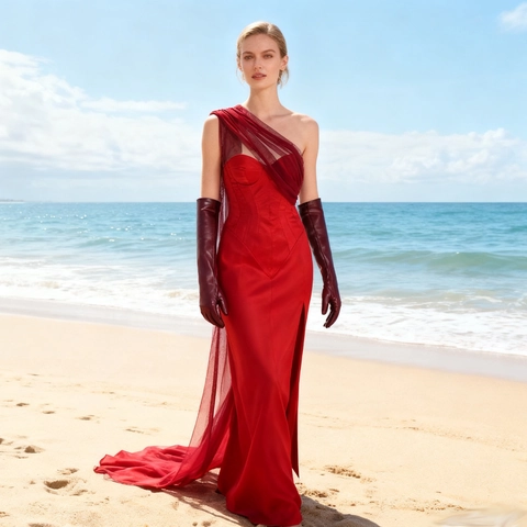 Single Shoulder Satin Abendkleid Hoher Schlitz Bodycon Maxi Kleid Mit Langen Kunstleder Handschuhen Und Tüllschärpe